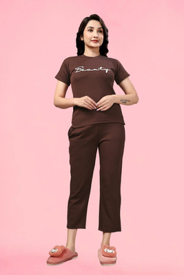 PTELRA Women Printed Brown Night Suit Set