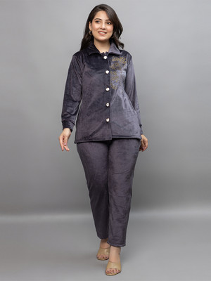 SOLZEIQ Women Solid Grey Shirt & Pyjama set