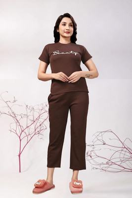 PTELRA Women Self Design, Printed Brown Night Suit Set