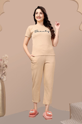 ZEEMBOOLI Women Printed Beige Top & Pyjama Set