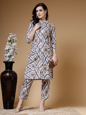 indibelle Women Printed Straight Kurta(Blue, White, Brown)