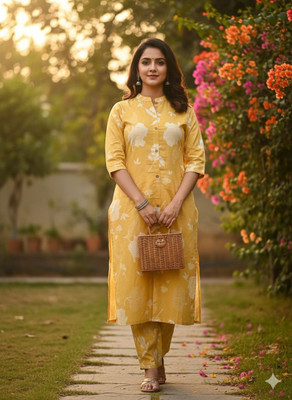 Two piece for women yellow colour printed Tunic Pant Co-ords Set
