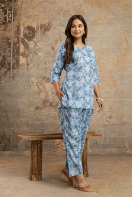 FASHION CLOUD Women Floral Print Light Blue Top & Pyjama Set