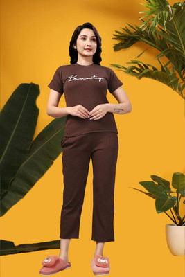 ZEEMBOOLI Women Printed Brown Top & Pyjama Set