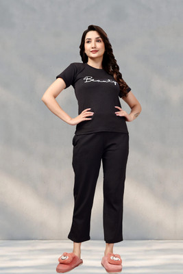 ZEEMBOOLI Women Self Design Black Top & Pyjama Set