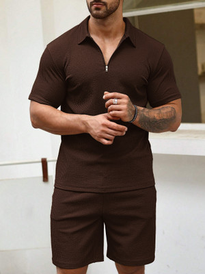 Vogaan Men Solid Brown Top & Shorts Set