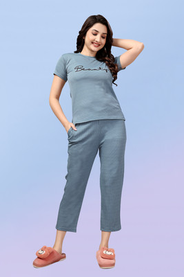 PTELRA Women Self Design Light Blue Night Suit Set