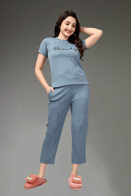 ZEEMBOOLI Women Self Design Light Blue Top & Pyjama Set