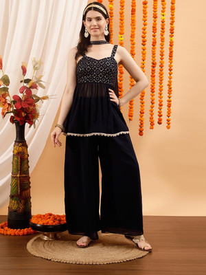 INDO STREET Women Ethnic Top Palazzo Dupatta Set