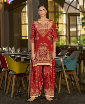 MOJILAA Women Ethnic Top Palazzo Set