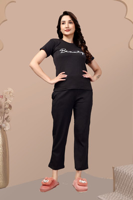 ZEEMBOOLI Women Printed Black Top & Pyjama Set