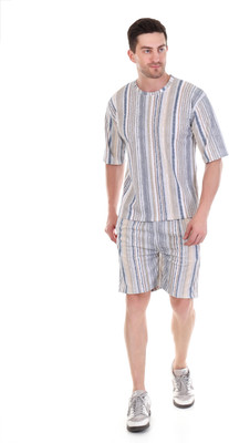 Marc Laurent Men Self Design, Printed White Top & Shorts Set
