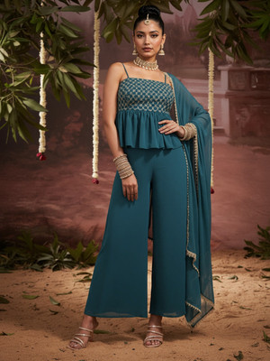 Globus Women Ethnic Top Palazzo Dupatta Set