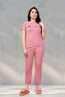 ZEEMBOOLI Women Self Design Pink Top & Pyjama Set