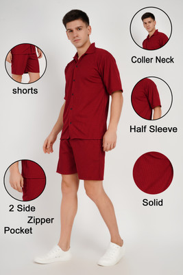 FitIn OutFit Men Solid Maroon Night Suit Set