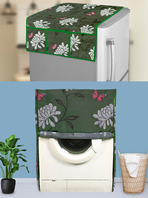 E-Retailer Front Loading Washing Machine  Cover(Width: 58 cm, Height-89cm) 1Pc Fridge Top Cover With Utility Pockets (Green, Set Contains-2Pcs)