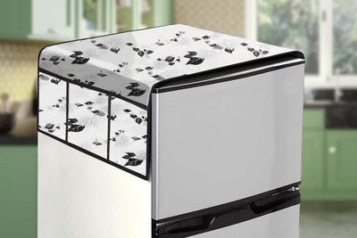 Visutra Refrigerator  Cover(Width: 99 cm, White with Black Floral Leaf Print)