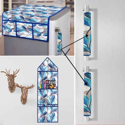 E-Retailer Refrigerator  Cover(Width: 53 cm, ) 2Pc Handle Cover+1Pc Wall Hanging Storage Organizer) (Leaf Blue, Set of-4Pc))
