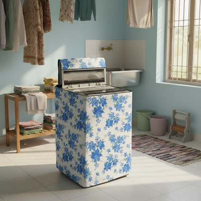 Visutra Top Loading Washing Machine  Cover(Width: 57 cm, White with Blue Floral Print)