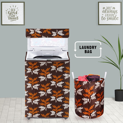 E-Retailer Top Loading Washing Machine  Cover(Width: 58 cm, Height-89cm) With 1Pc. Foldable Laundry Bag (Brown Leaf, Set Contains-2Pcs)