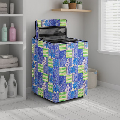 Visutra Top Loading Washing Machine  Cover(Width: 59 cm, Blue with Green & White Geometric Floral Print)