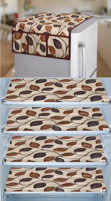 E-Retailer Refrigerator  Cover(Width: 53 cm, Length-99cm)With Utility Pockets and Set of 4Pc Fridge Mats (Brown, Pack of-5Pcs)