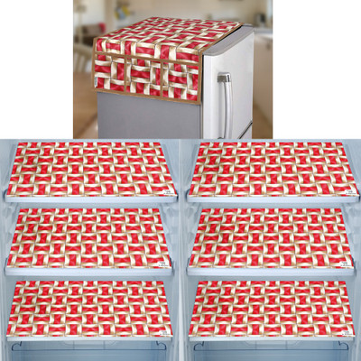 E-Retailer Refrigerator  Cover(Width: 53 cm, Length-99cm)With Utility Pockets and Set of 6Pc Fridge Mats (Red, Pack of-7Pcs)