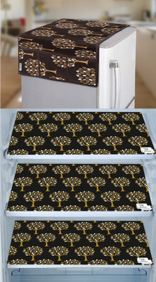E-Retailer Refrigerator  Cover(Width: 53 cm, Length-99cm)With Utility Pockets and Set of 3Pc Fridge Mats (Brown, Pack of-4Pcs)