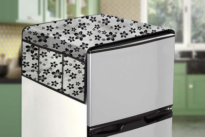 Visutra Refrigerator  Cover(Width: 99 cm, Light Grey with Black Floral Print)