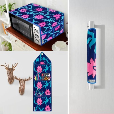 E-Retailer Microwave Oven  Cover(Width: 35 cm, ) With Handle Cover & Wall Hanging Storage Organizer (Floral Blue, Pack of-3Pcs)