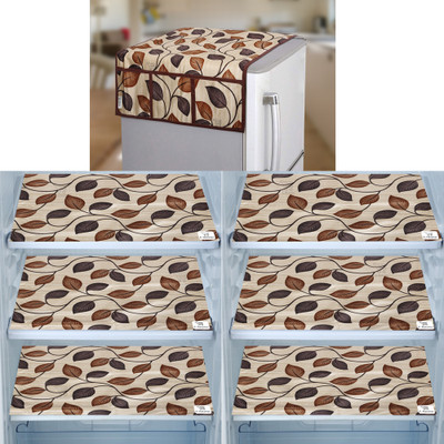 E-Retailer Refrigerator  Cover(Width: 53 cm, Length-99cm)With Utility Pockets and Set of 6Pc Fridge Mats (Brown, Pack of-7Pcs)