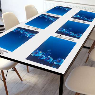 Crosmo Rectangular Pack of 6 Table Placemat(Blue, White, PVC)