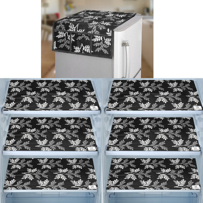 E-Retailer Refrigerator  Cover(Width: 53 cm, Length-99cm)With Utility Pockets and Set of 6Pc Fridge Mats (Black, Pack of-7Pcs)