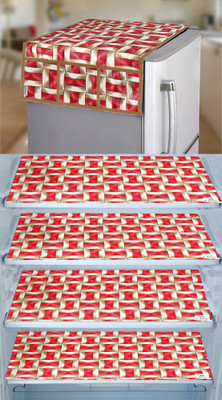 E-Retailer Refrigerator  Cover(Width: 53 cm, Length-99cm)With Utility Pockets and Set of 4Pc Fridge Mats (Red, Pack of-5Pcs)