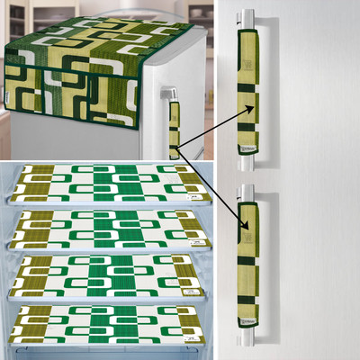 E-Retailer Refrigerator  Cover(Width: 53 cm, Length-99cm) Handle Cover and 4Pc. of Fridge Mat (Green, Pack of-7Pcs.)