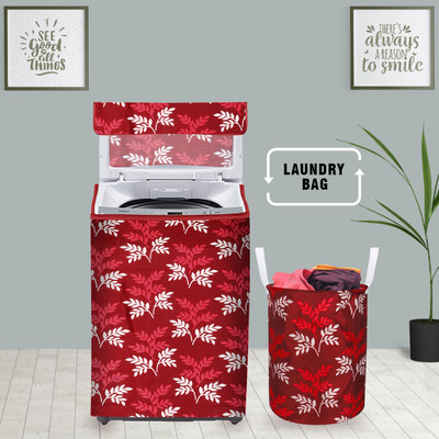 E-Retailer Top Loading Washing Machine  Cover(Width: 58 cm, Height-89cm) With 1Pc. Foldable Laundry Bag (Maroon Leaf, Set Contains-2Pcs)