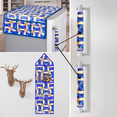 E-Retailer Refrigerator  Cover(Width: 53 cm, ) 2Pc Handle Cover+1Pc Wall Hanging Storage Organizer) (Blue, Set of-4Pc))