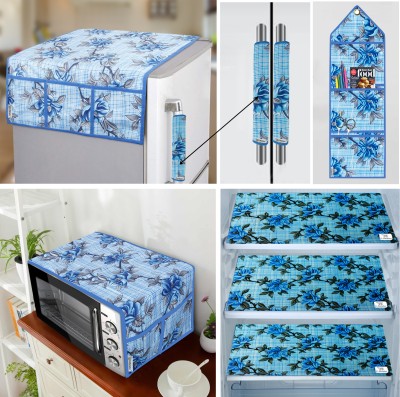 E-Retailer Refrigerator  Cover(Width: 53 cm, ) Handle Cover, Oven Cover, 3Pc Mats, Wall Hanging (Floral Blue, Pack of-7Pcs)