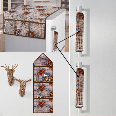 E-Retailer Refrigerator  Cover(Width: 53 cm, ) 2Pc Handle Cover+1Pc Wall Hanging Storage Organizer) (Brown, Set of-4Pc))