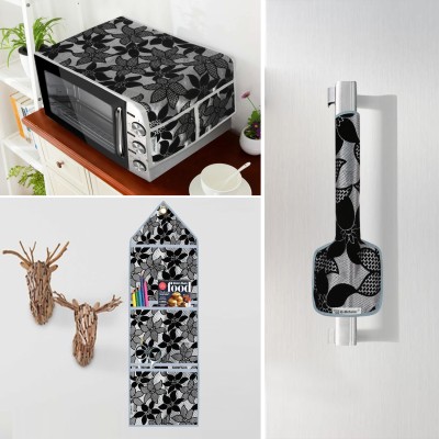 E-Retailer Microwave Oven  Cover(Width: 35 cm, ) With Handle Cover & Wall Hanging Storage Organizer (Floral Black, Pack of-3Pcs)