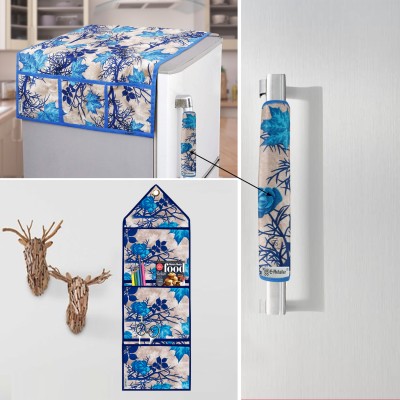 E-Retailer Refrigerator  Cover(Width: 53 cm, ) 1Pc Handle Cover+1Pc Wall Hanging Storage Organizer) (Blue, Set of-3Pc))