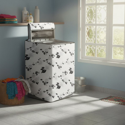 Visutra Top Loading Washing Machine  Cover(Width: 57 cm, White with Black Floral Leaf Print)