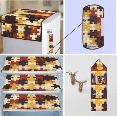 E-Retailer Refrigerator  Cover(Width: 99 cm, Combo Set) (1 Fridge Cover+1Pc Handle Cover + 3Pc Mat + 1Pc Wall Hanging) (Brown)