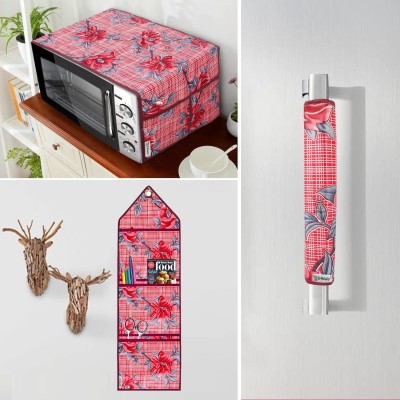 E-Retailer Microwave Oven  Cover(Width: 35 cm, ) With Handle Cover and Wall Hanging Storage Organizer (Floral Red, Pack of-3Pcs)