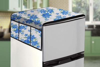 Visutra Refrigerator  Cover(Width: 99 cm, White with Blue Floral Print)