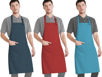 CRASOME Polyester Home Use Apron - Free Size(Blue, Red, Light Blue, Pack of 3)