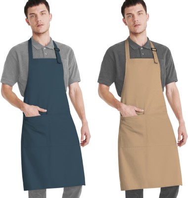 CRASOME Polyester Home Use Apron - Free Size(Blue, Beige, Pack of 2)