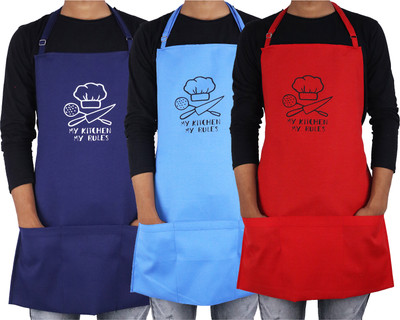 mesar Polyester Home Use Apron - Free Size(Dark Blue, Light Blue, Red, Pack of 3)