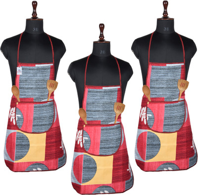 Heart Home Cotton Home Use Apron - Free Size(Red, Pack of 3)