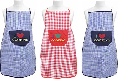 TOLXI Cotton Home Use Apron - Free Size(Blue, Red, Pack of 3)